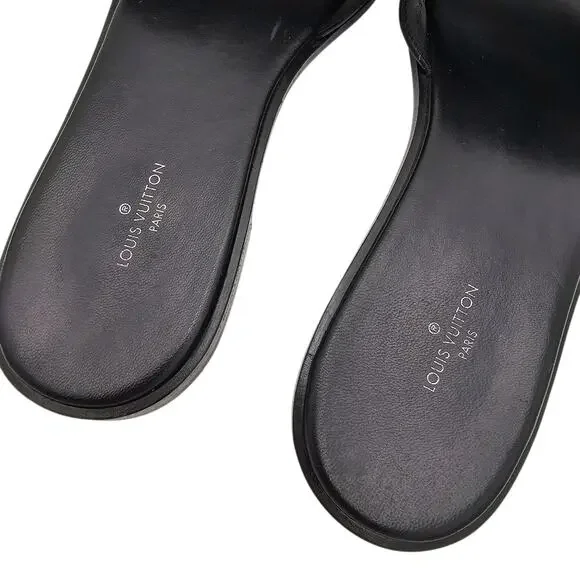 Louis Vuitton Lock It Flat Slide Sandal Black Leather Gold LV Logo Size 38 US 8 - Picture 8 of 12